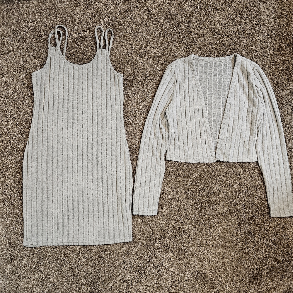 Gray Ribbed Knit Dress and Cardigan Set